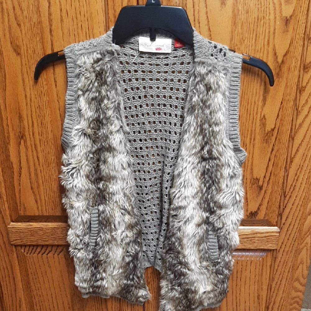 Girls Red Camel Gray Faux Fur Knit Cardigan Vest